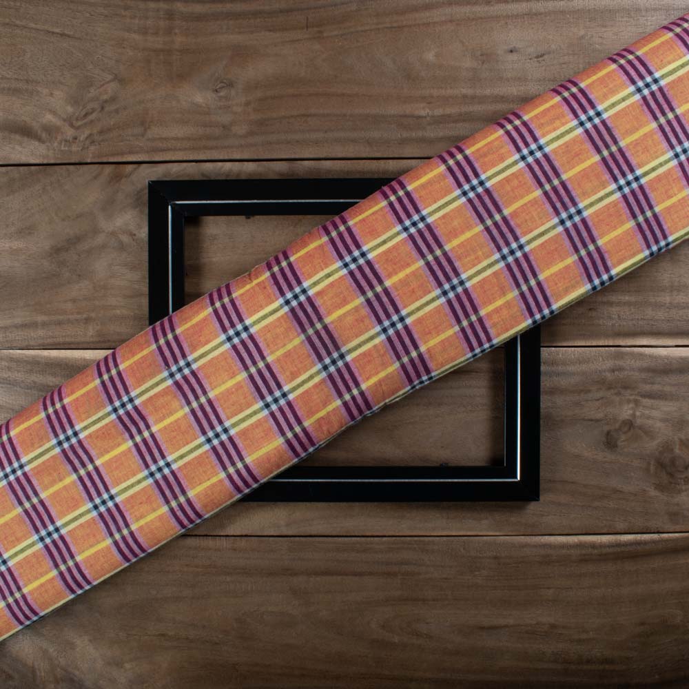 Yellow Black & Red Check Pure Cotton 60 GSM Handwoven Fabric