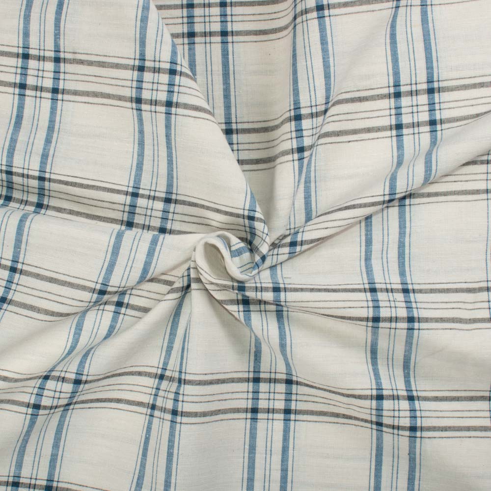Check White Blue and Black Pure Cotton 115 GSM Handwoven Fabric