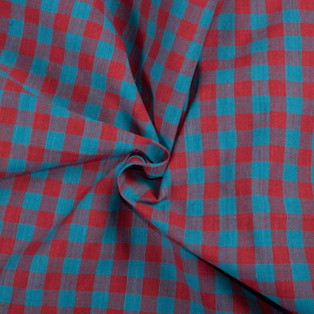 Check Red Turquoise Pure Khadi 145 GSM Handwoven Fabric