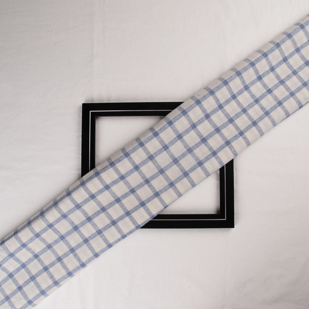 Check Cream & Blue Pure Cotton 93 GSM Handwoven Fabric