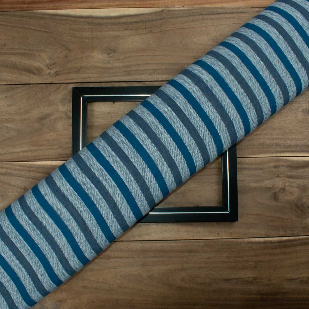 Herringbone Stripe Blue Hemp Cotton 150 GSM Handwoven Fabric