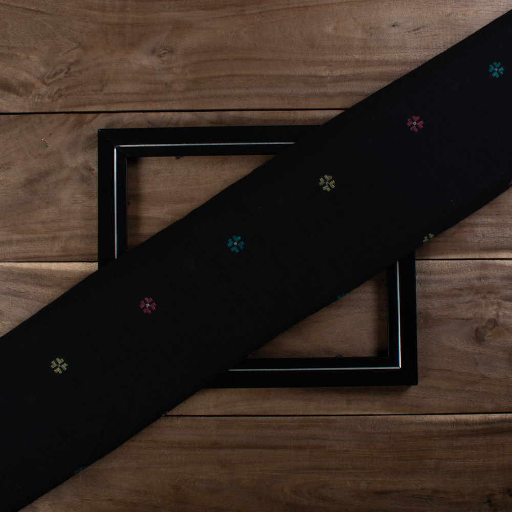 Black Base Geometric Pure Cotton 55 GSM Handwoven Jamdani Fabric