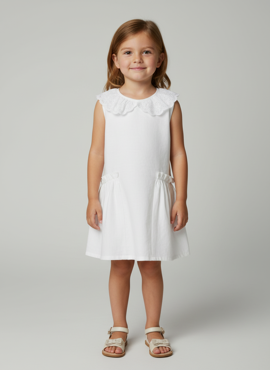 Kids Peter Pan Collar Dress with Frill Pocket