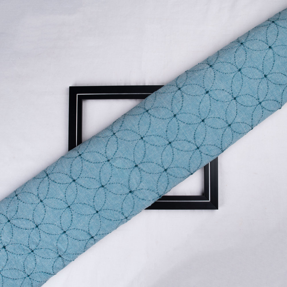 Geometrc Blue Kantha Embroidered Khadi Cotton 152 GSM Handwoven Fabric