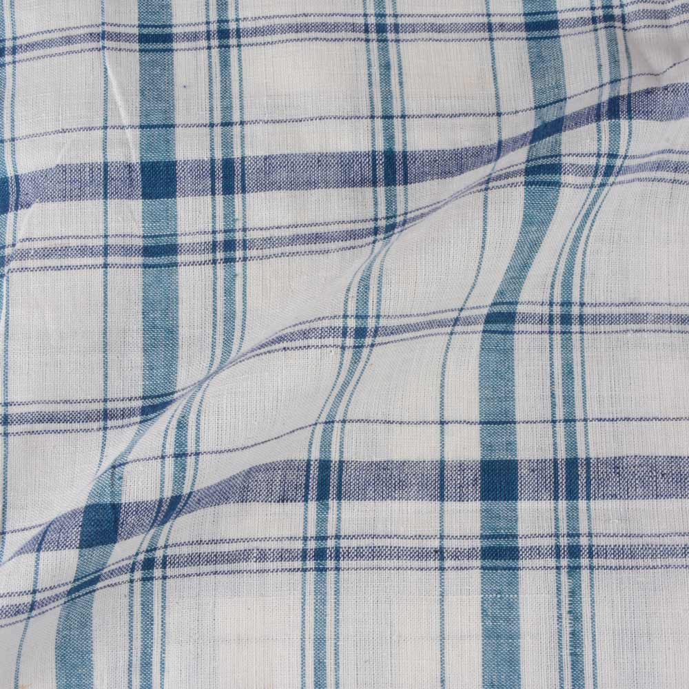 CHECK BLUE TEAL & WHITE KHADI FABRIC - 112 GSM HANDSPUN & HANDWOVEN