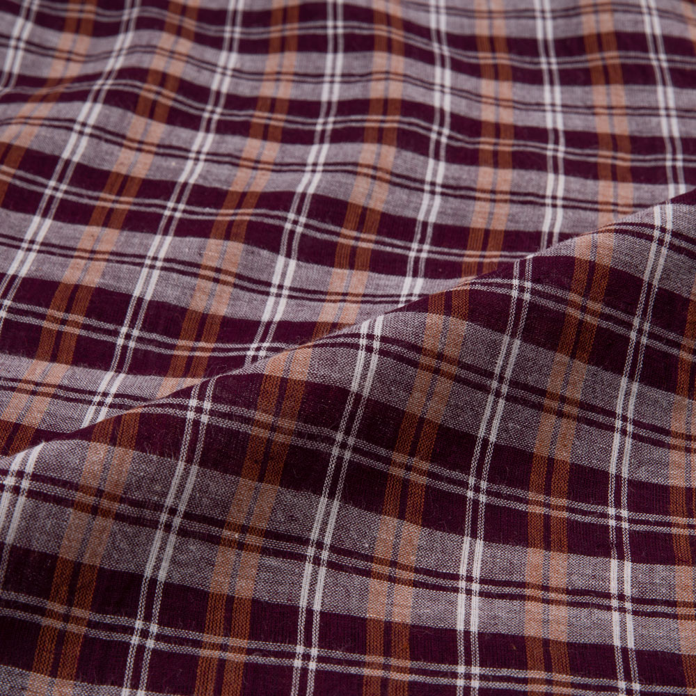 CHECK DEEP PLUM & ORANGE PURE COTTON 70 GSM HANDWOVEN FABRIC
