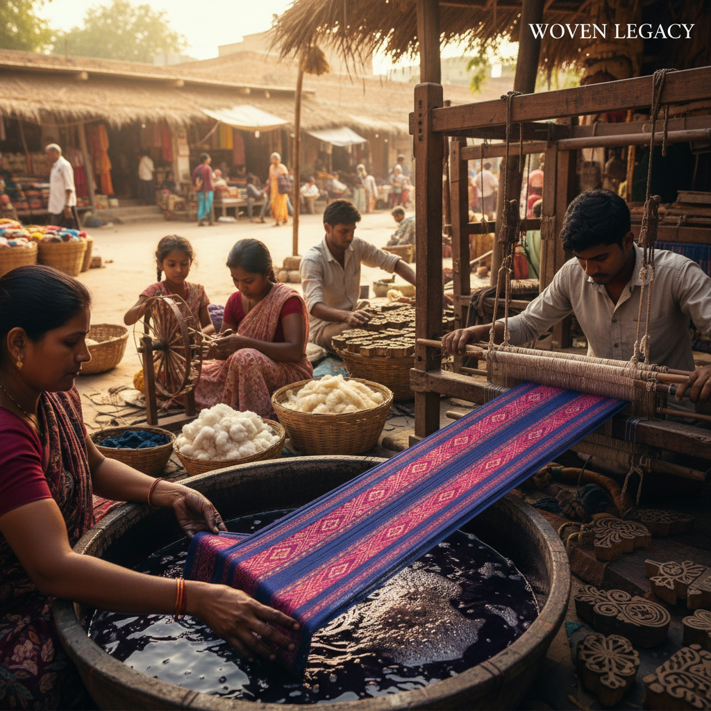 Artisan weaving khadi fabric in a rural setting supporting sustainable livelihoods