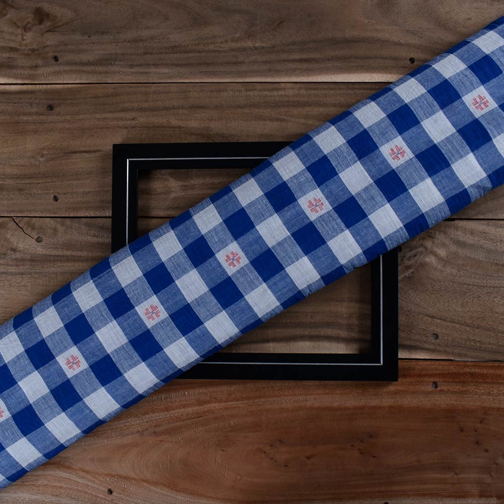Geometric Check Blue White Jamdani Pure Cotton 68 GSM Handwoven Fabric