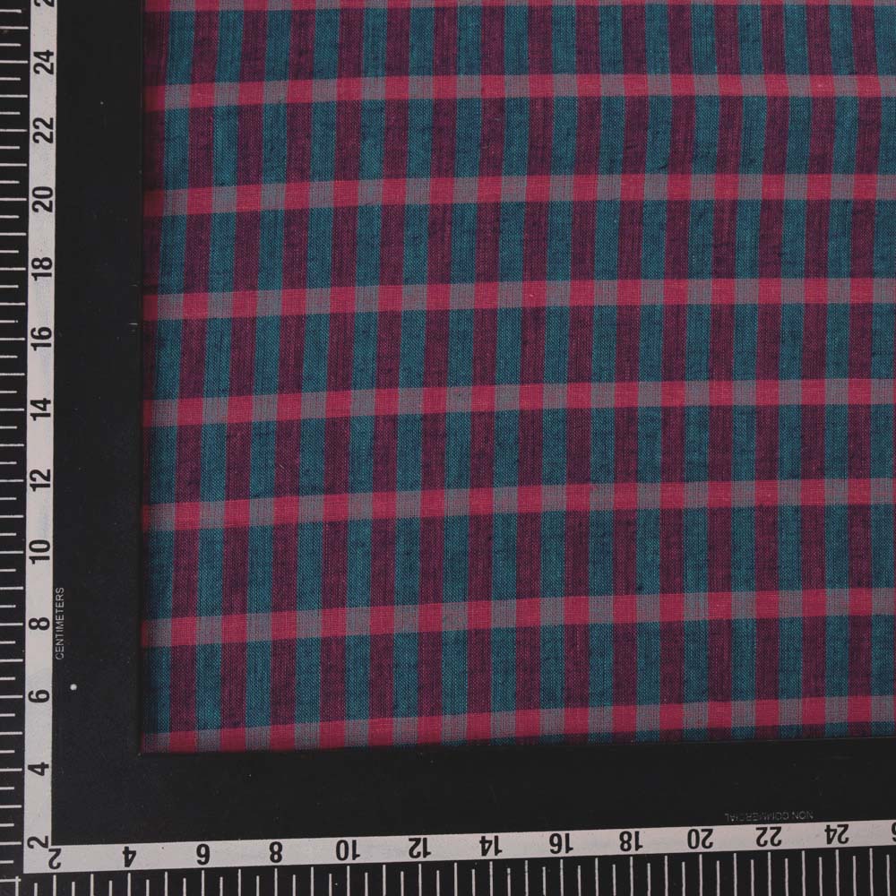 CHECK TEAL & RED PURE COTTON 93 GSM HANDWOVEN FABRIC
