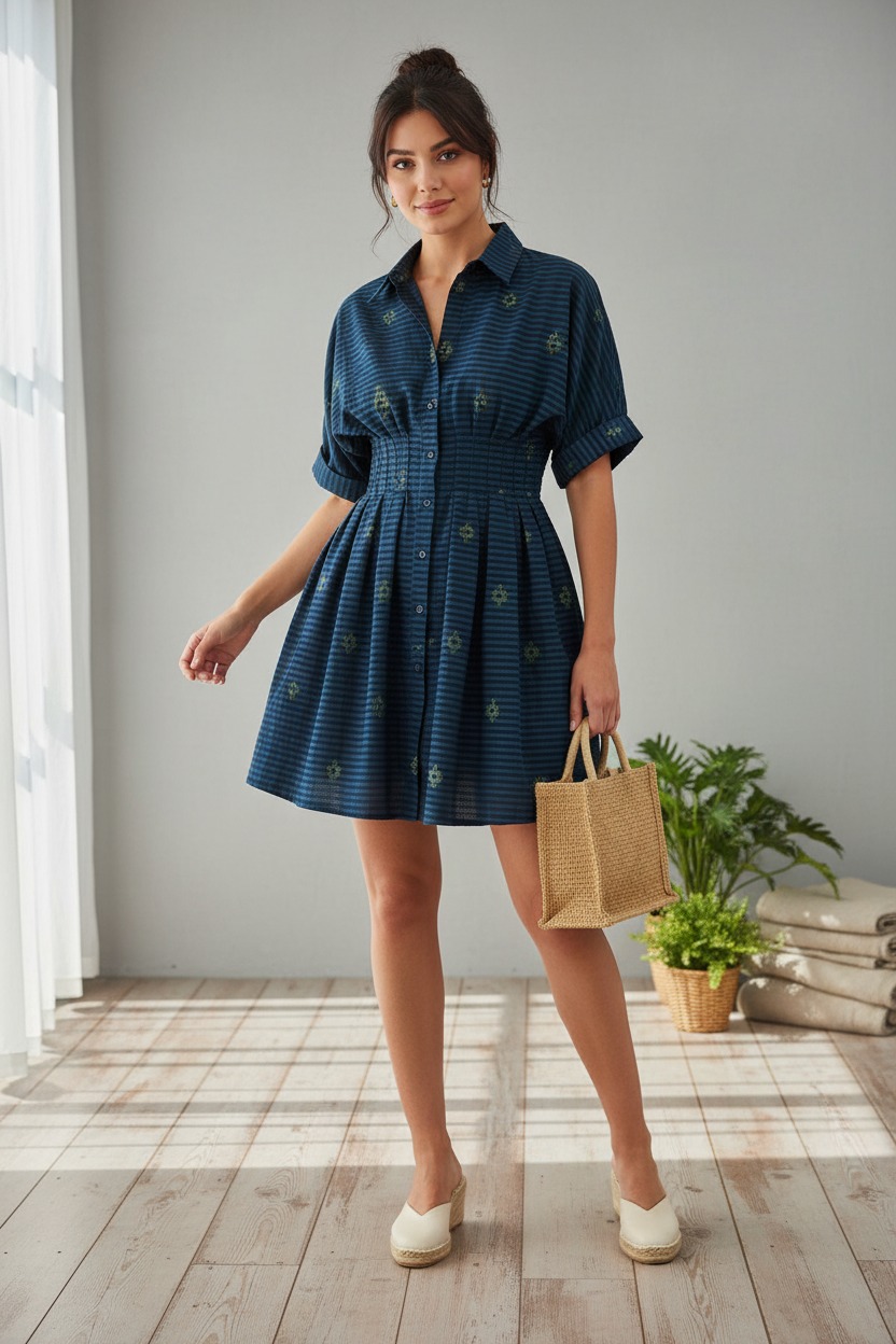 Shirt Collar Front Closer Midi Dress