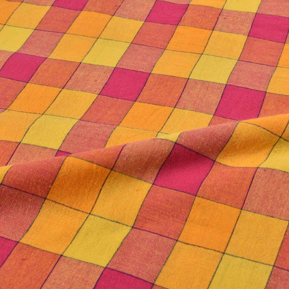 CHECK YELLOW PINK PURE COTTON 92 GSM HANDWOVEN FABRIC 572