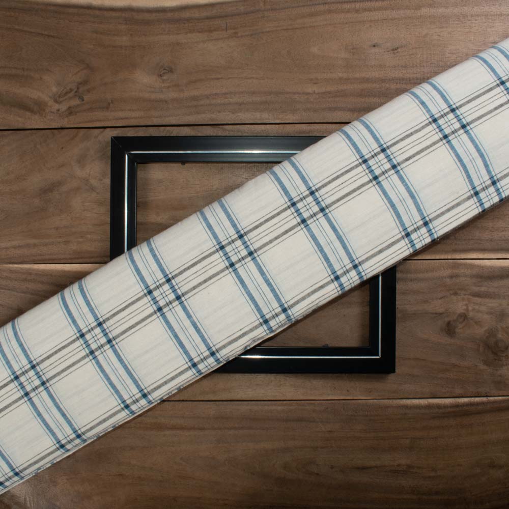 Check White Blue and Black Pure Cotton 115 GSM Handwoven Fabric