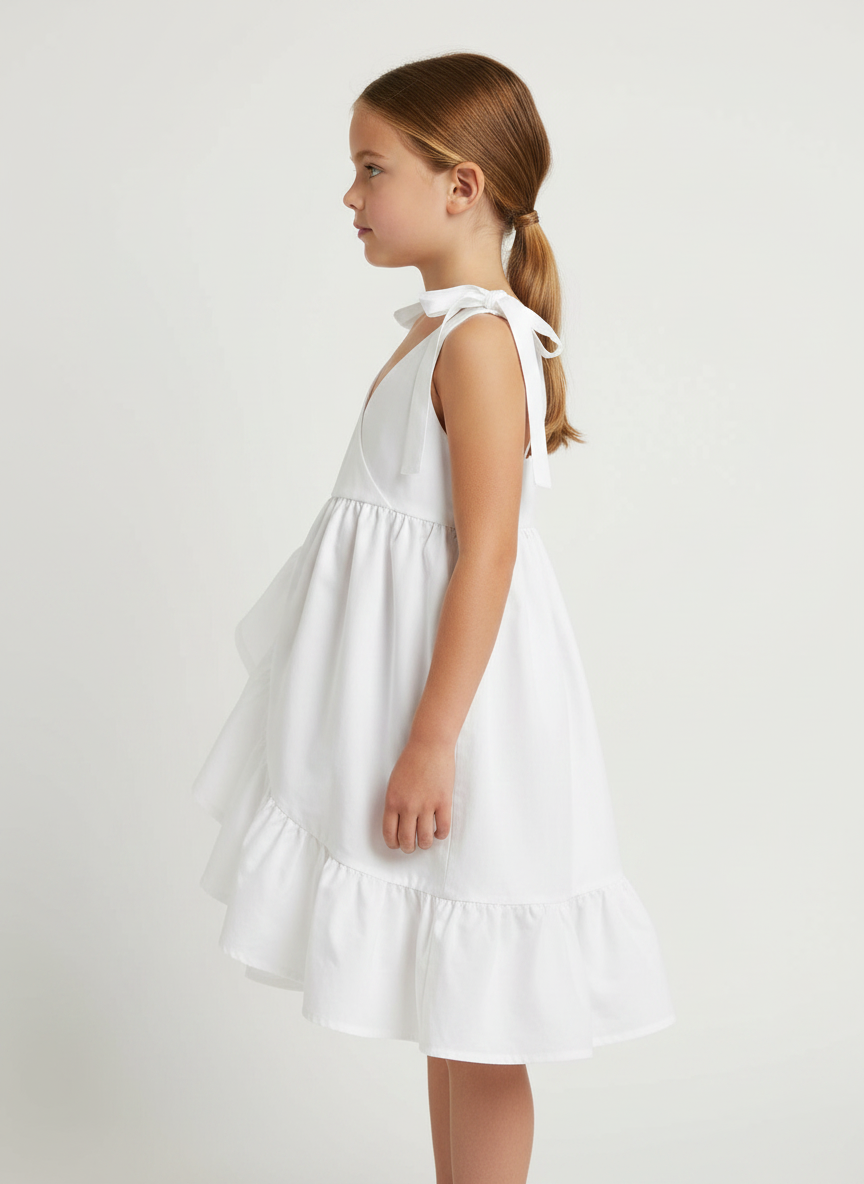 Shoulder Bow Ties Ruffled Asymmetric Dress