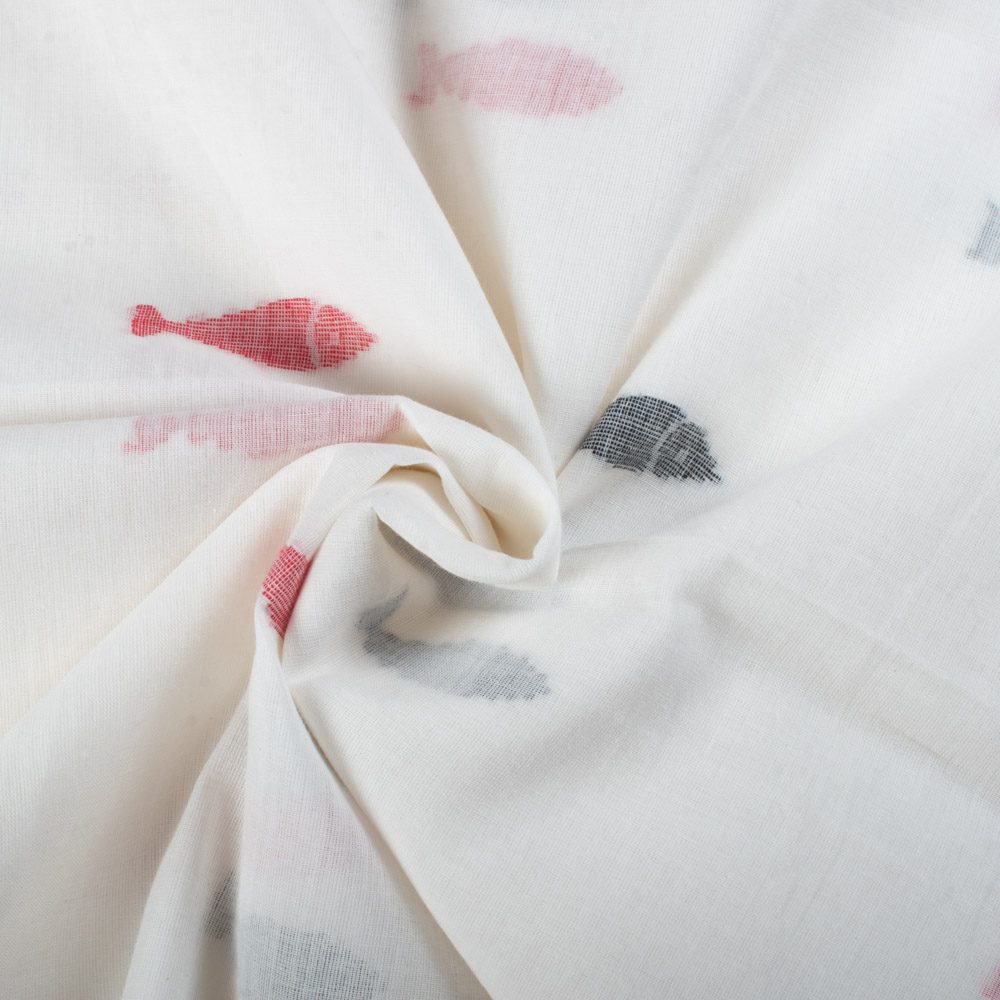 Plain Off White Pure Cotton 55 GSM Red & Black Fish Motif Jamdani Fabric