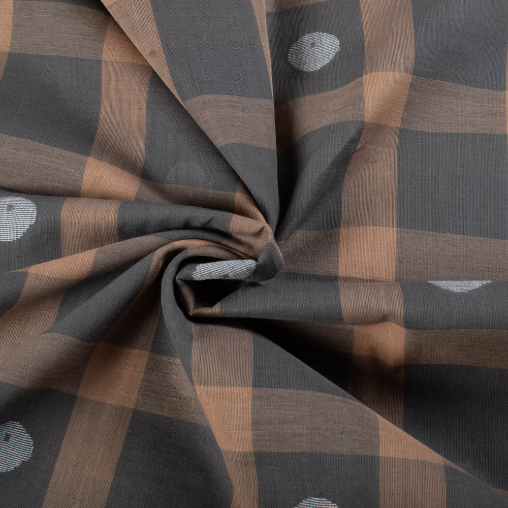 Grey & Brown Check Circle Motif Pure Cotton 54 GSM Handwoven Jamdani Fabric