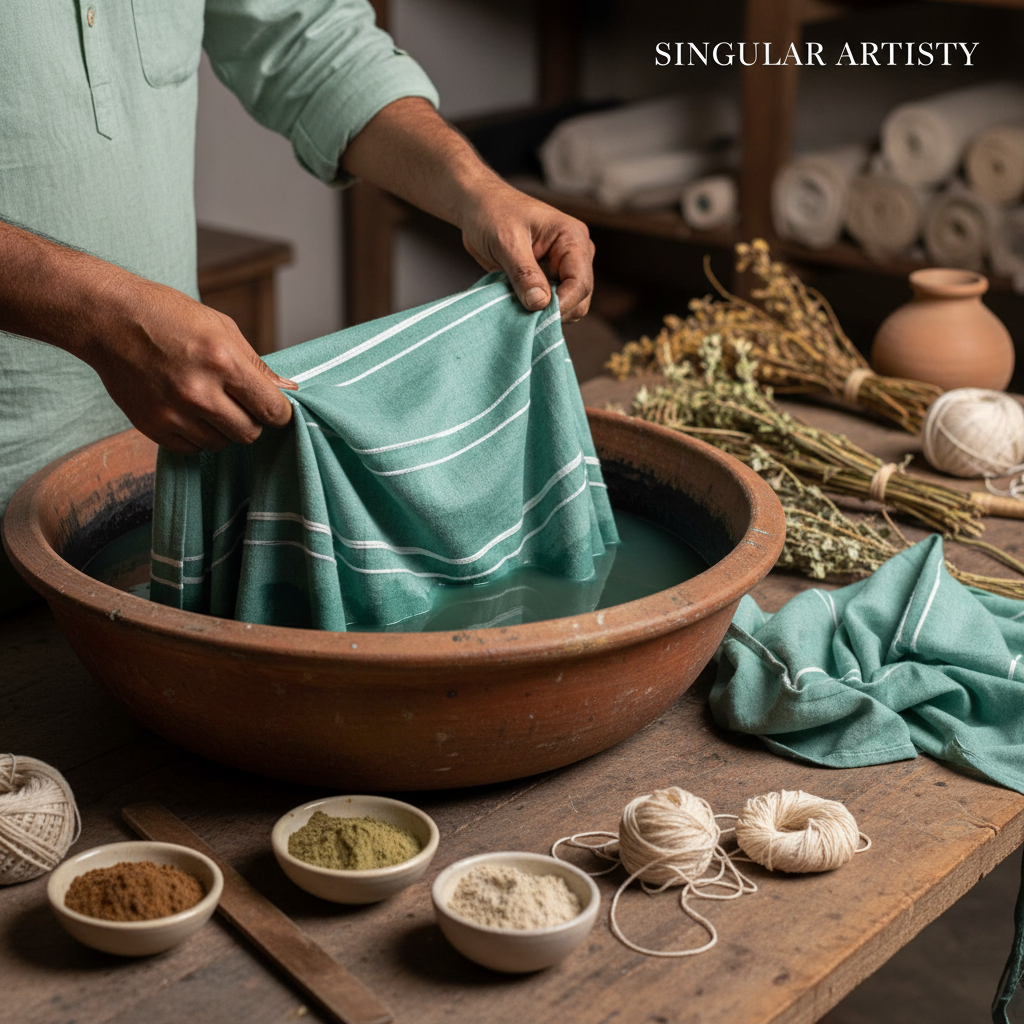 Close-up of Khesh fabric showing natural color variation and textured recycled saree strips