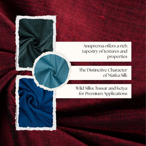 Close-up of textured silk fabrics in blue and green tones showcasing Matka silk, Tussar, and Ketya for premium applications