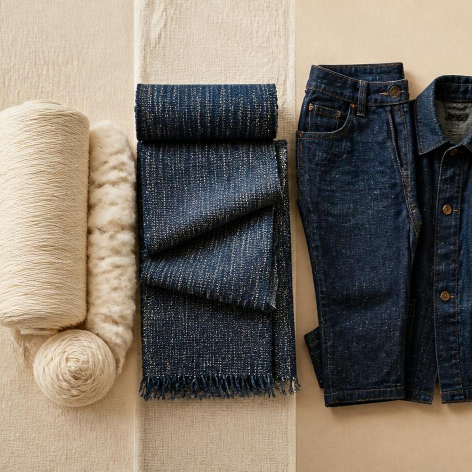 Flat lay arrangement illustrating the stages of Khadi denim production: raw natural cotton fibers and spools of cream yarn on the left, folded handwoven blue fabric in the center, and finished dark blue jeans and a denim jacket on the right.