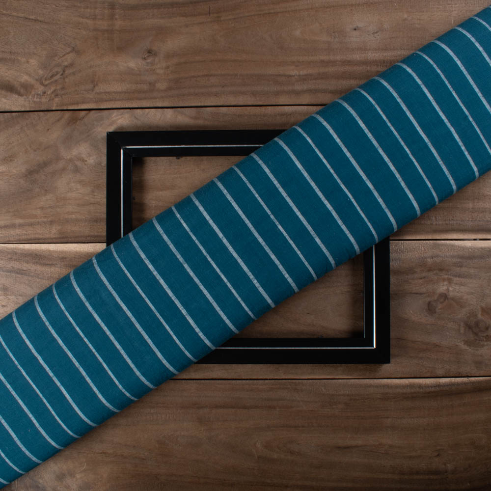 Petrol Blue & White Stripe 100 GSM Pure Cotton Handwoven Fabric