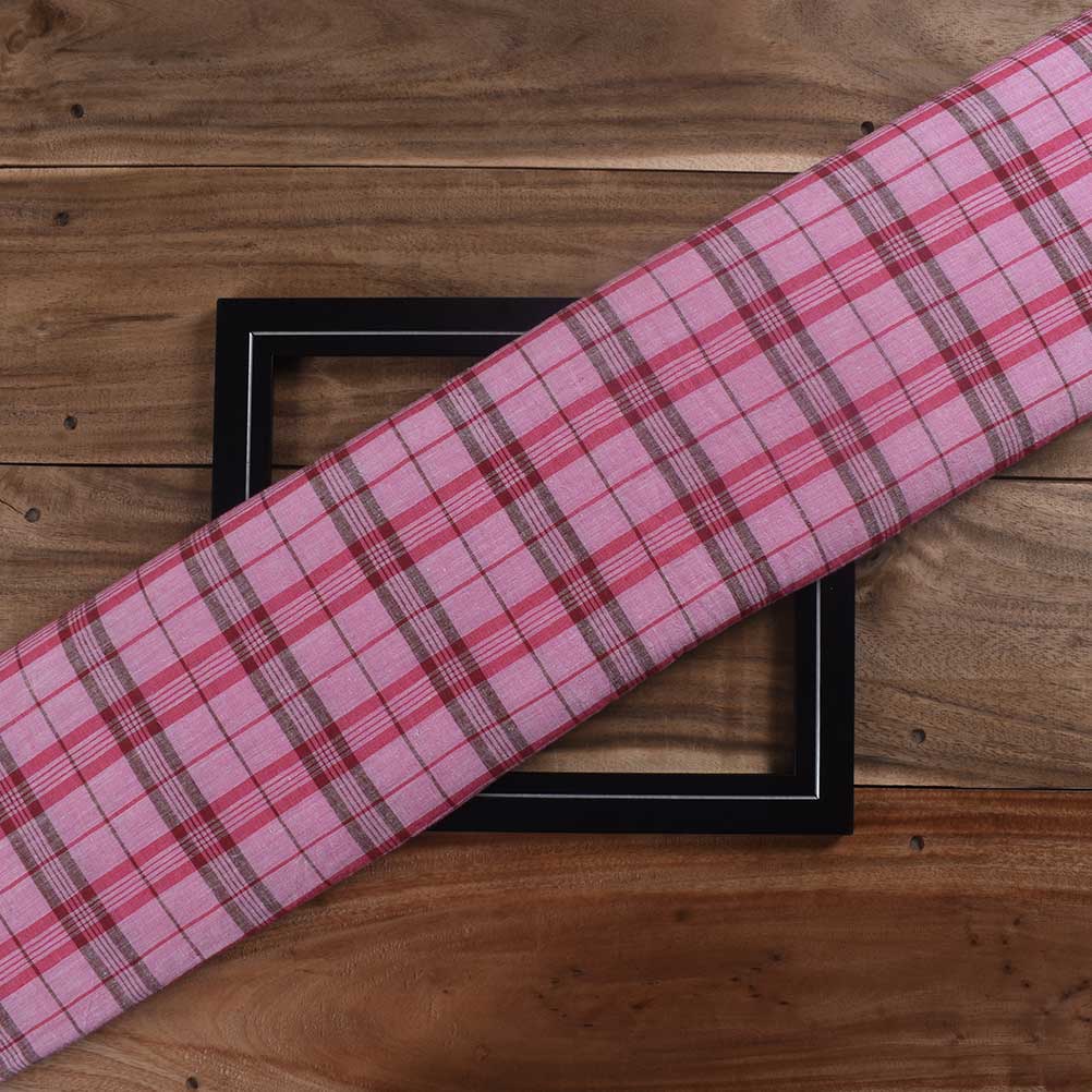 Check Pink & Brown Pure Cotton 102 GSM Handwoven Fabric 370
