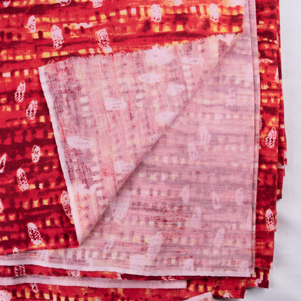 ABSTRACT RED SCREENPRINTED COTTON KHADI 120 GSM HANDWOVEN FABRIC