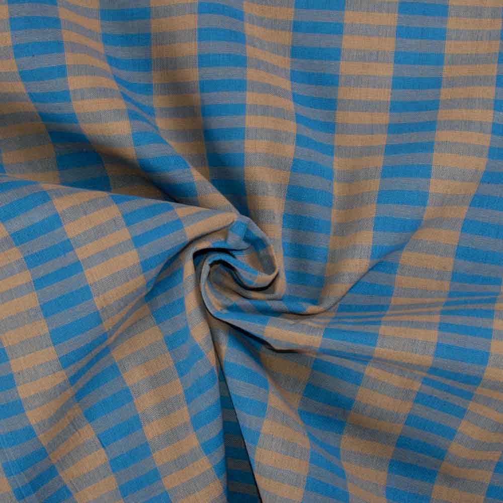 Check Tan and Blue Pure Cotton 95 GSM Handwoven Fabric 681