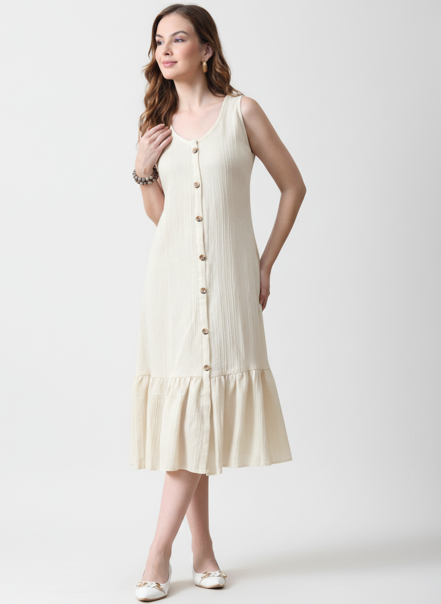 Buttoned & Gathered Midi Dress