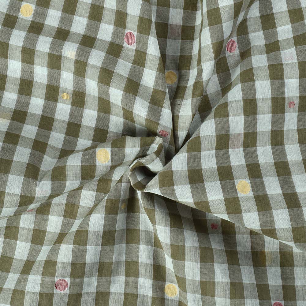 Check White Olive Jamdani Pure Cotton 55 GSM Handwoven Fabric