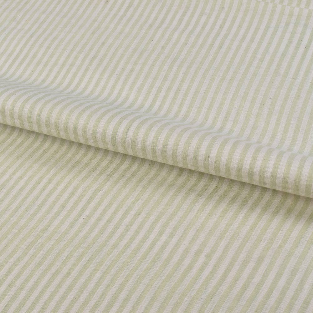 STRIPE LIGHT GREEN & WHITE KHADI COTTON 68 GSM HANDWOVEN FABRIC