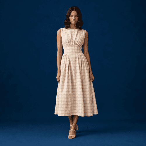  Woman wearing handwoven cotton check dress
