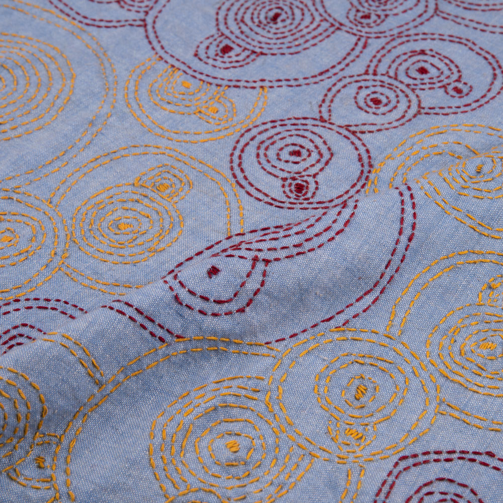 GEOMETRC BLUE KANTHA EMBROIDERED KHADI COTTON 133 GSM HANDWOVEN FABRIC