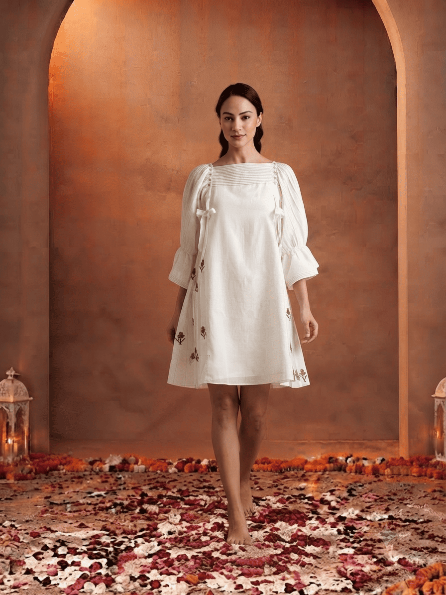 Embroidered Pintuck Dress With Tassels