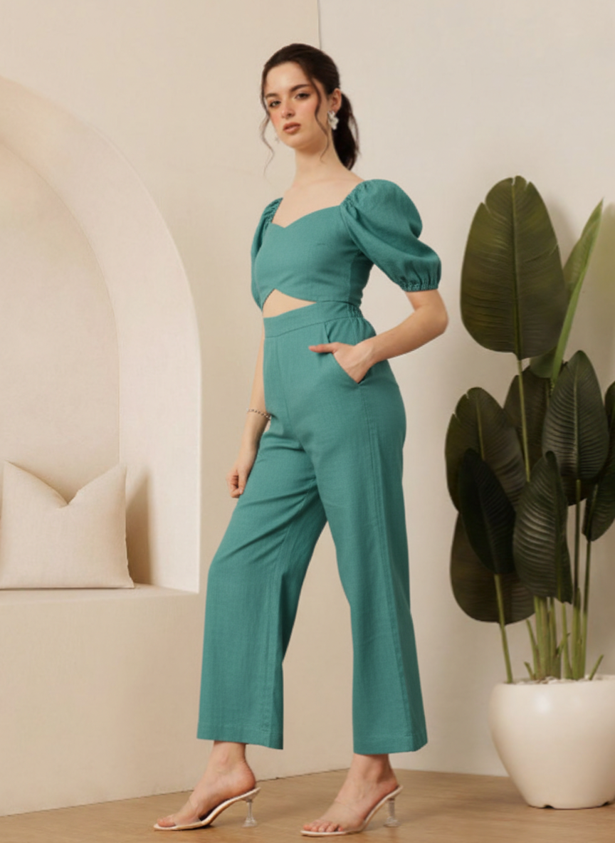 Puffed Sleeves & Cutout Jumpsuit