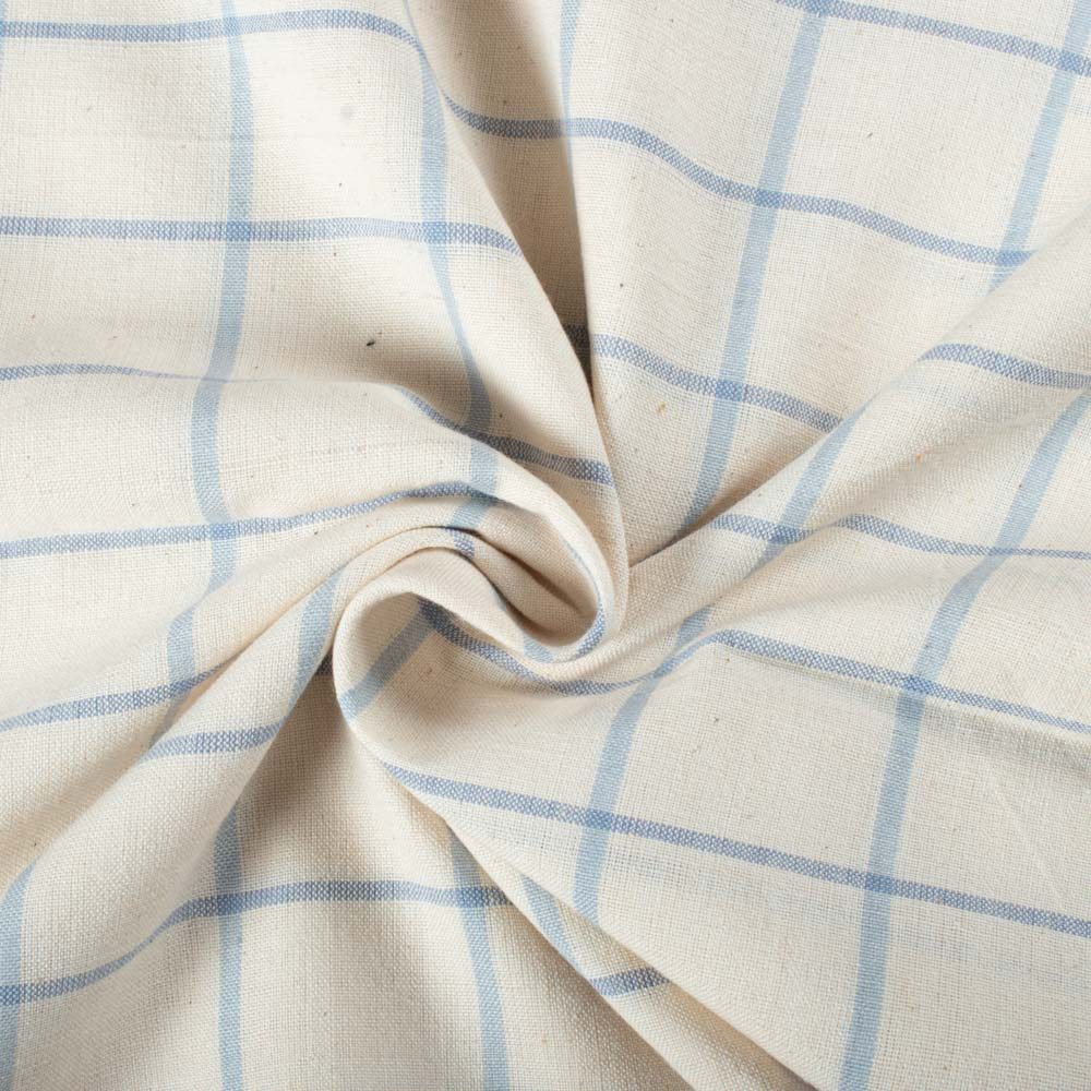 Check Ecru & Sky Blue Pure Cotton 95 GSM Handwoven Fabric