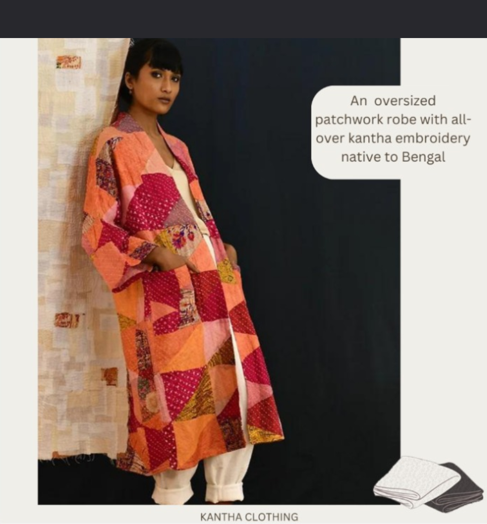 Oversize Patchwork Robe With All Over Kantha Embroidery Native to Bengal