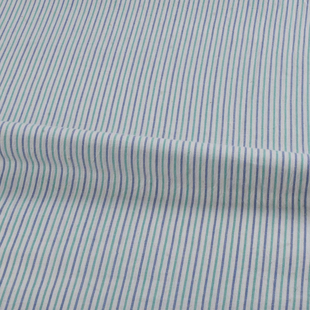 STRIPE BLUE GREEN & WHITE PURE COTTON 88 GSM HANDWOVEN FABRIC