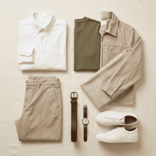 Capsule wardrobe with versatile clothing and minimal fashion accessories