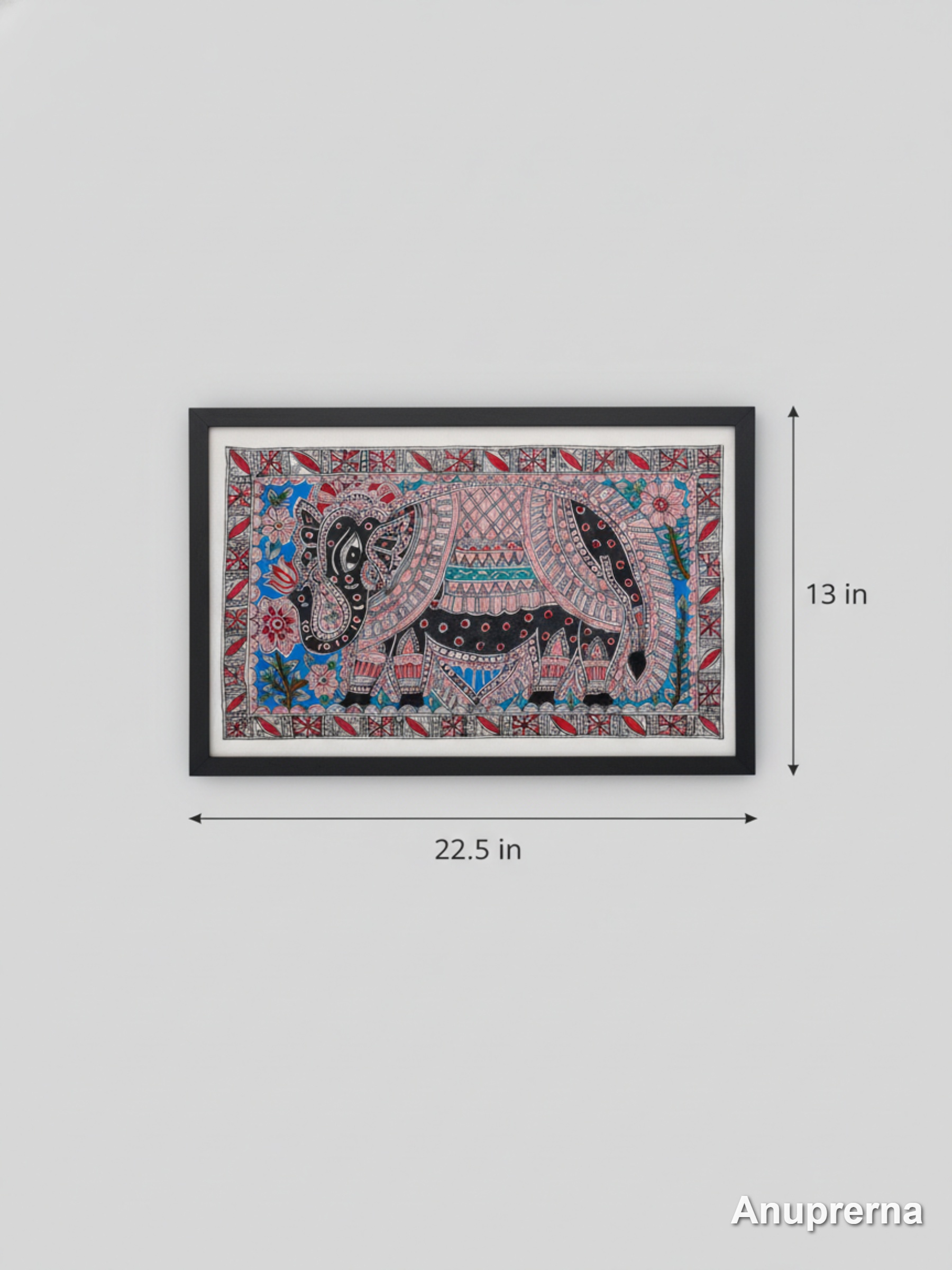 Dark Decorated Elephant Madhubani Wall Art