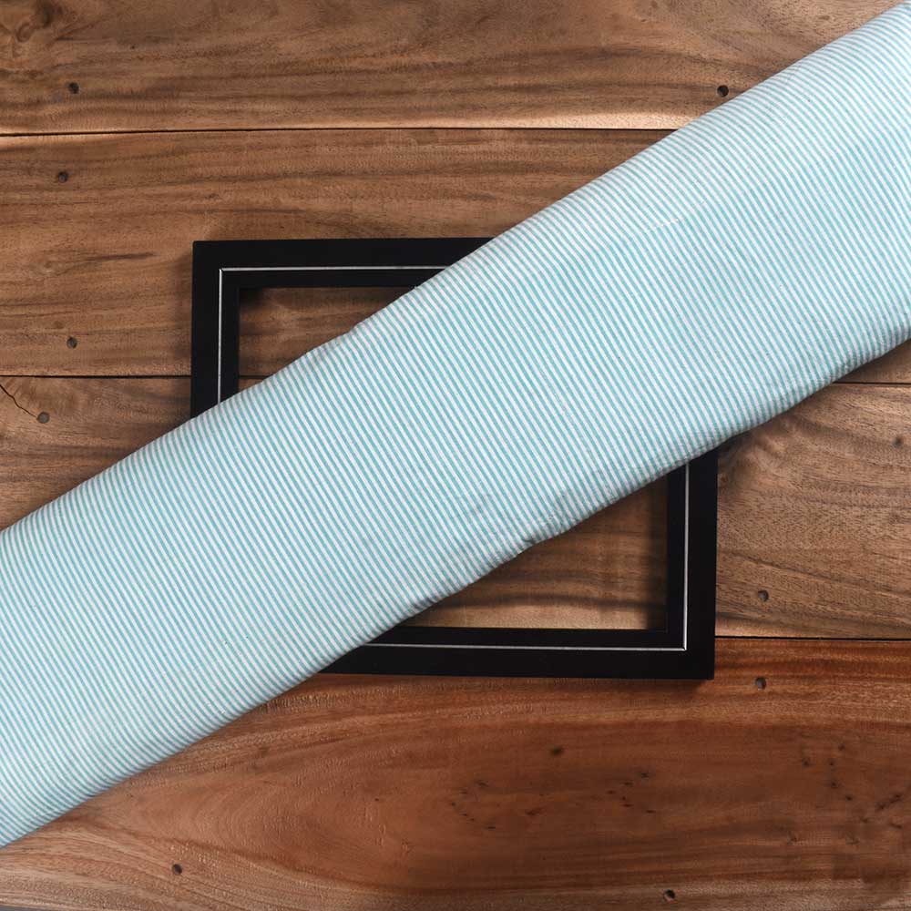 Stripe Aqua Blue & White Pure Cotton 69 GSM Handwoven Fabric