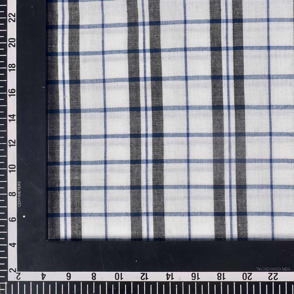 CHECK WHITE BLUE & BLACK PURE COTTON 95 GSM HANDWOVEN FABRIC