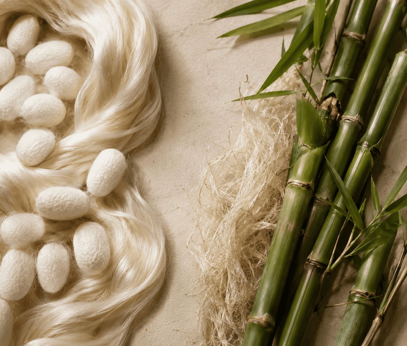 Mulberry silk cocoons and bamboo fibre side by side