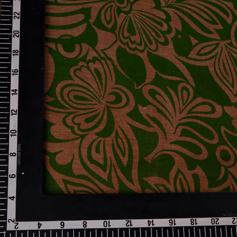 FLORAL GREEN & BROWN SCREENPRINTED COTTON KHADI 84 GSM HANDWOVEN FABRIC