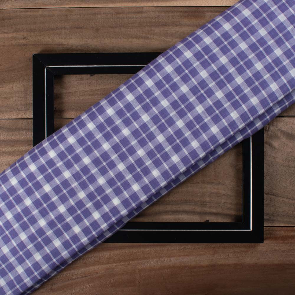 Check White & Purple Pure Cotton 55 GSM Handwoven Fabric
