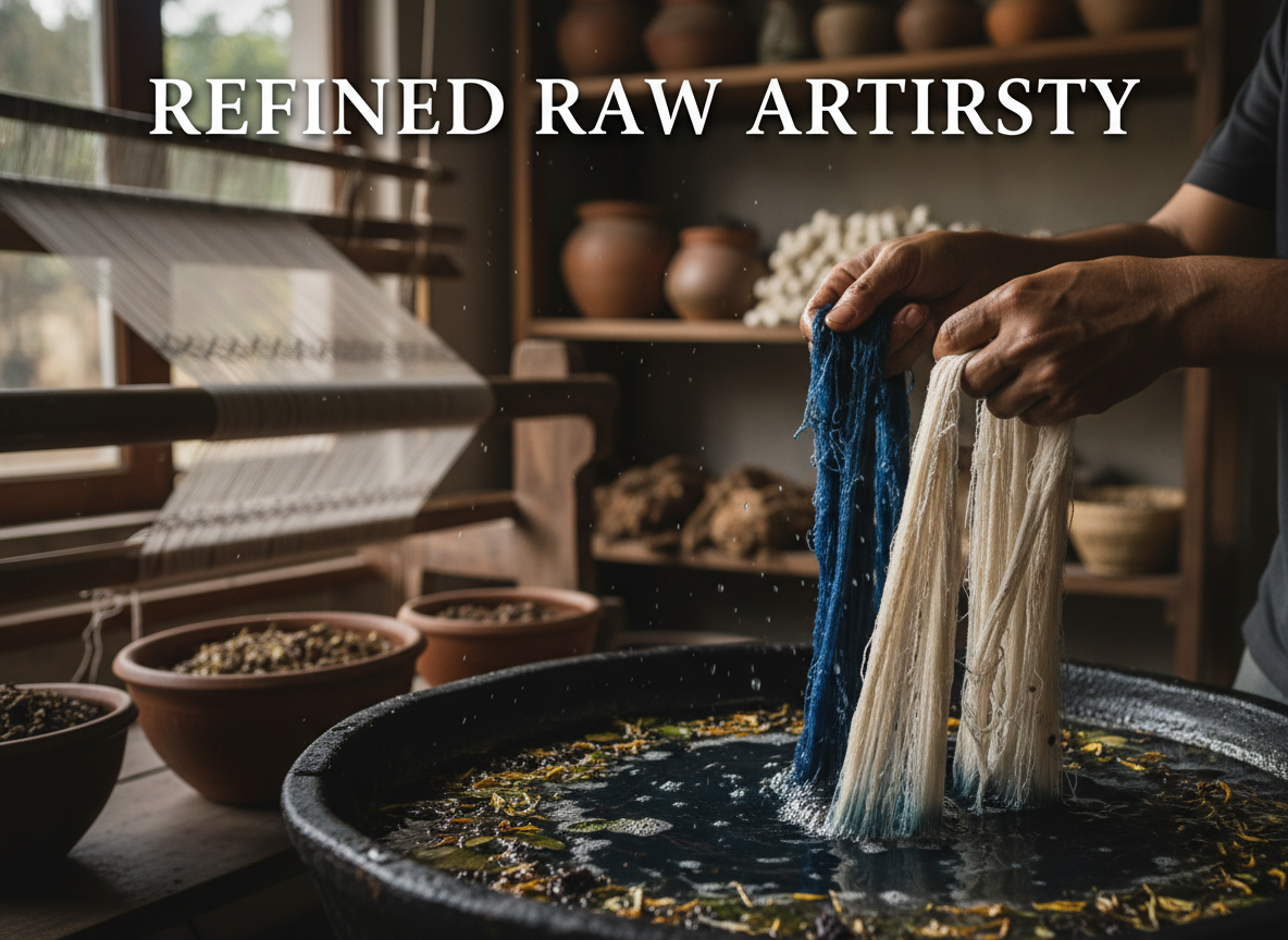 Modern blazer, sustainable scarf, and elegant interior design featuring raw silk fabric.