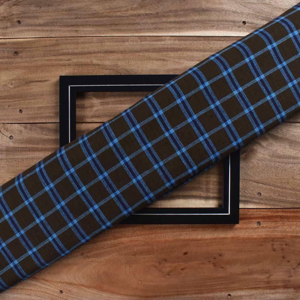 Check Brown & Blue Cotton Khadi 110 GSM Handwoven Fabric