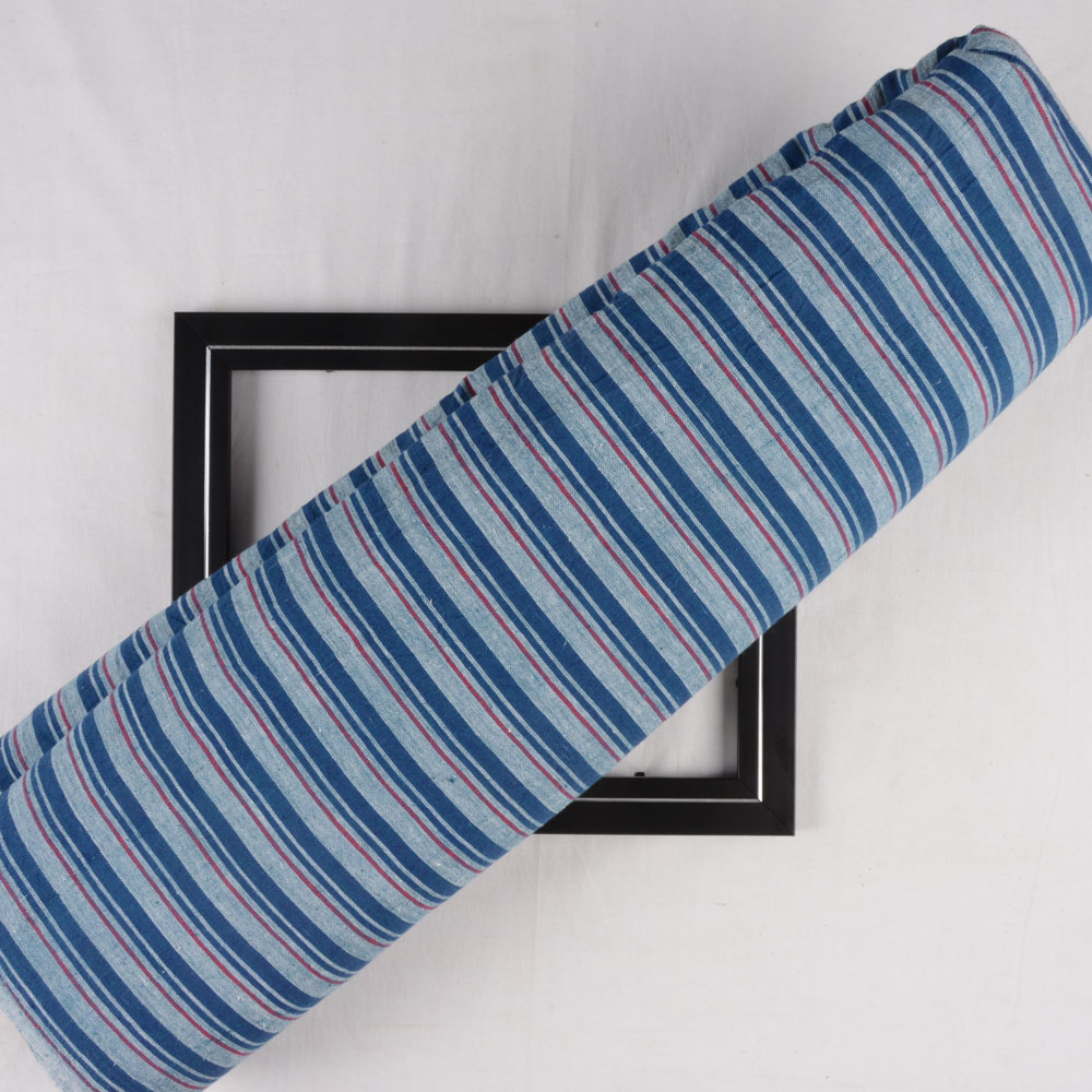 Stripe Blue & Red Khadi Fabric - 127 GSM Handspun & Handwoven