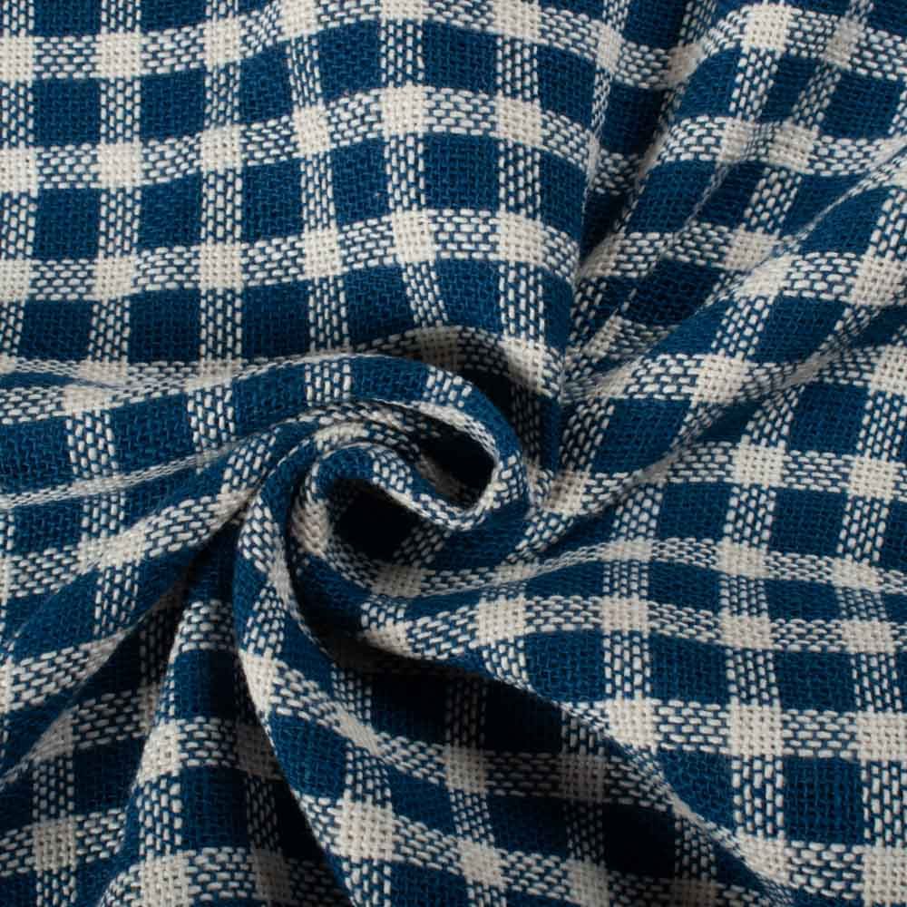 Check Ecru & Blue Pure Cotton 225 GSM Handwoven Fabric