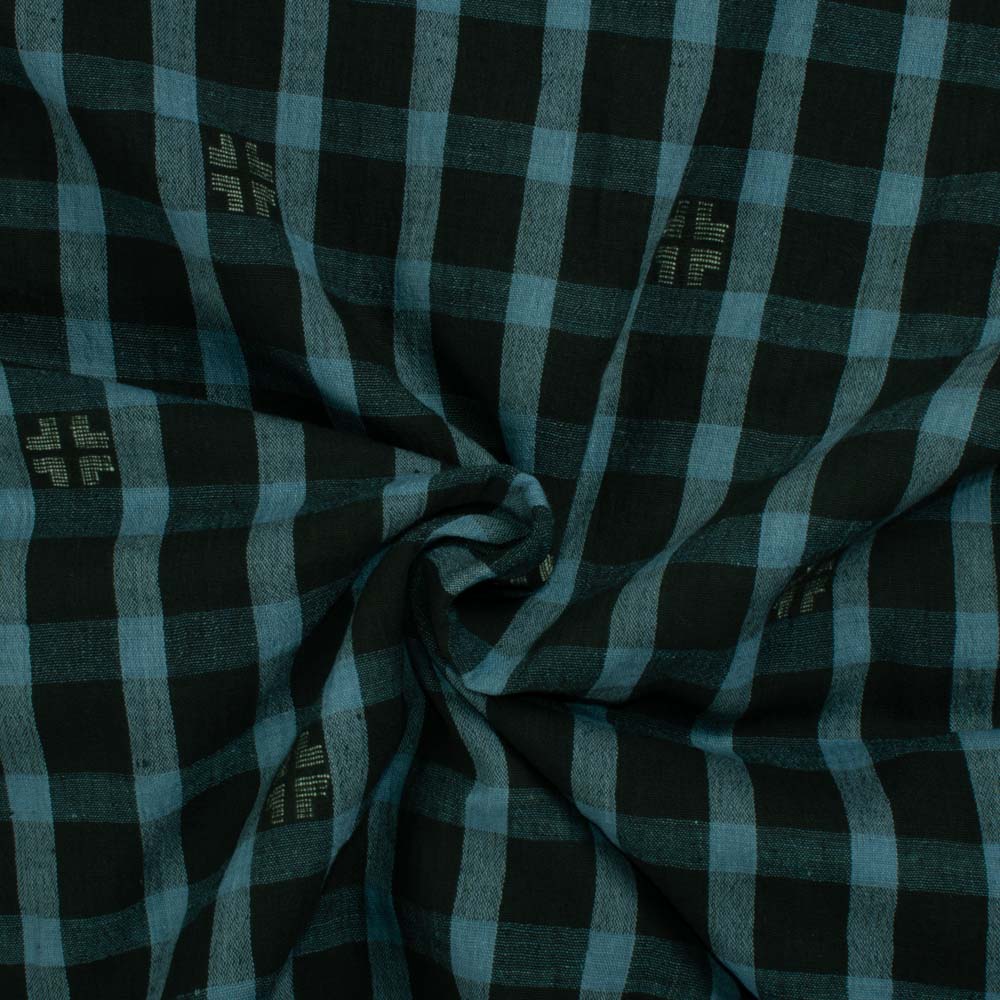 Check Green Black Jamdani Pure Cotton 100 GSM Handwoven Fabric 344