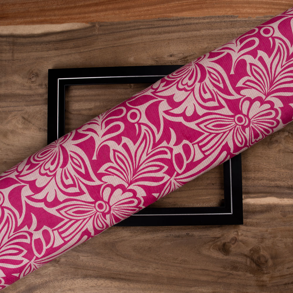 Floral Pink Screenprinted Cotton Khadi 104 GSM Handwoven Fabric