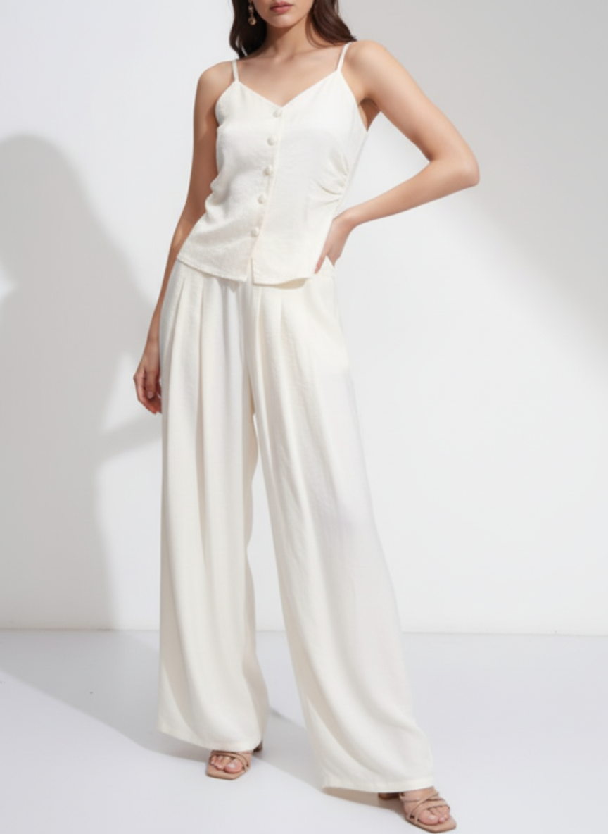 Buttoned Spaghetti Sleeves Top & Pleated Pants Co-ord Set